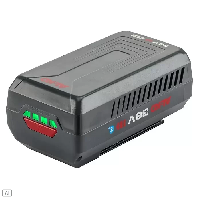 AL-KO 36V Akku B 160 Li - 36 V, 4 Ah - Dunkelgrauer AL-KO 36V 8Ah Akku mit rotem Knopf, grünen LED-Ladeanzeigen und Lüftungsschlitzen.