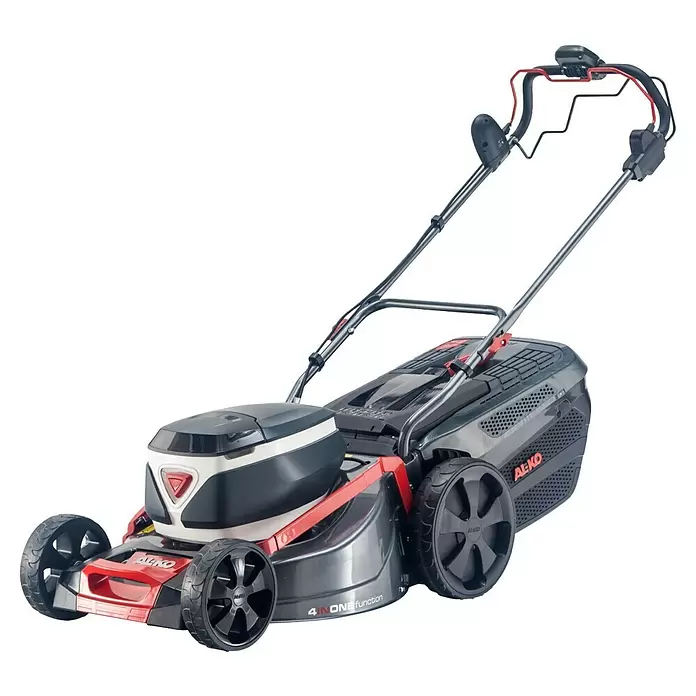 AL-KO Premium Akku-Rasenmäher 512 Li VS-W - 36 V, 2 Akkus, 4 Ah, Schnittbreite: 51 cm - Moderner dunkelgrauer, roter und weißer Rasenmäher mit großen Rädern und ergonomischen Griffen.