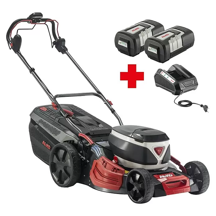 AL-KO Premium Akku-Rasenmäher 512 Li VS-W - 36 V, 2 Akkus, 4 Ah, Schnittbreite: 51 cm - Schwarz-roter Akku-Rasenmäher mit zwei Akkus und Ladegerät.