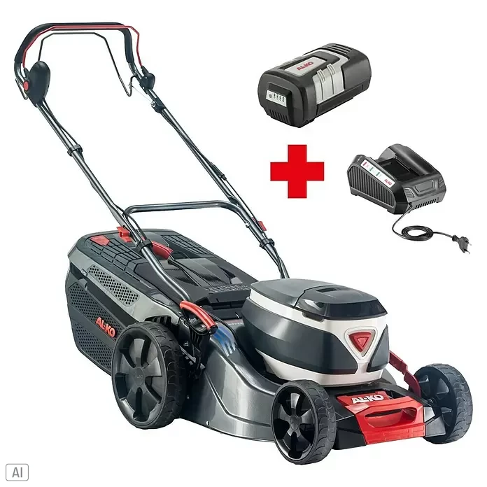 AL-KO Comfort Akku-Rasenmäher 51.4 Li SP - 36 V, 1 Akku, 4 Ah, Schnittbreite: 51 cm - Schwarzer und grauer AL-KO Akku-Rasenmäher mit roten Akzenten, gebündelt mit Akku und Ladegerät.
