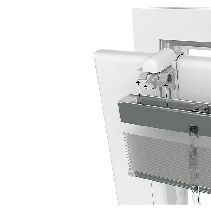 Expo Ambiente Klemmträger - 2 Stk., Geeignet für: Alu-Jalousien, Weiß - Nahaufnahme einer Fensterjalousie mit automatischer Bedienung, die eine moderne und bequeme Lösung zur Lichtsteuerung bietet.
