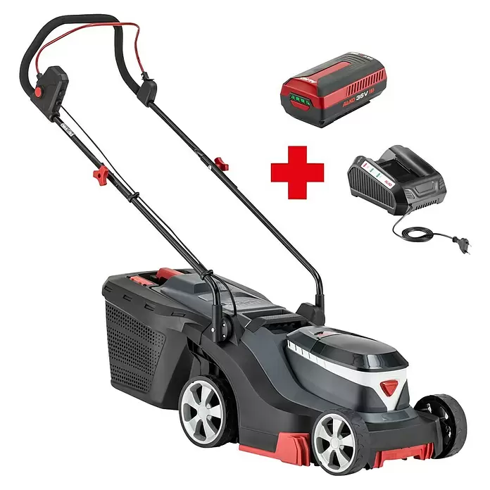 AL-KO Easy Akku-Rasenmäher 3.25 Li - 36 V, 1 Akku, 2,5 Ah, Schnittbreite: 32 cm - Schwarz-roter Akku-Rasenmäher-Set mit Akku und Ladegerät.