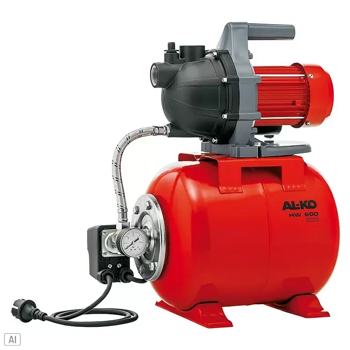 AL-KO Easy Hauswasserwerk HW 600 - 580 W, 19 l, Max. Fördermenge: 3.000 l/h, Max. Druck: 28 bar - Rotes und schwarzes AL-KO Hauswasserwerk mit Druckbehälter, Manometer und Netzkabel.
