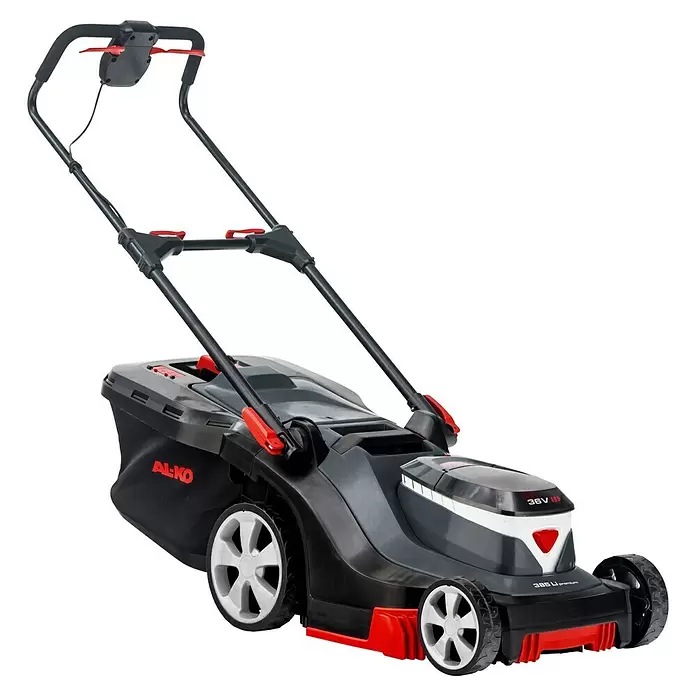 AL-KO Premium Akku-Rasenmäher 385 Li - 36 V, 1 Akku, 5 Ah, Schnittbreite: 38 cm - Schwarz-grauer Akku-Rasenmäher mit roten Akzenten und Grasfangkorb.