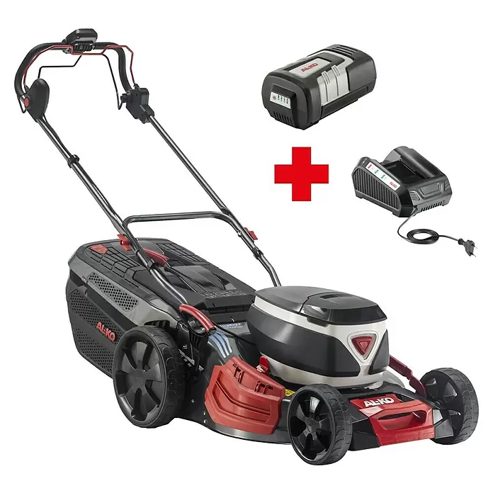 AL-KO Premium Akku-Rasenmäher 512 Li VS-W - 36 V, 1 Akku, 4 Ah, Schnittbreite: 51 cm - AL-KO Akku-Rasenmäher in Schwarz, Rot und Silber, mit Akku und Ladegerät.