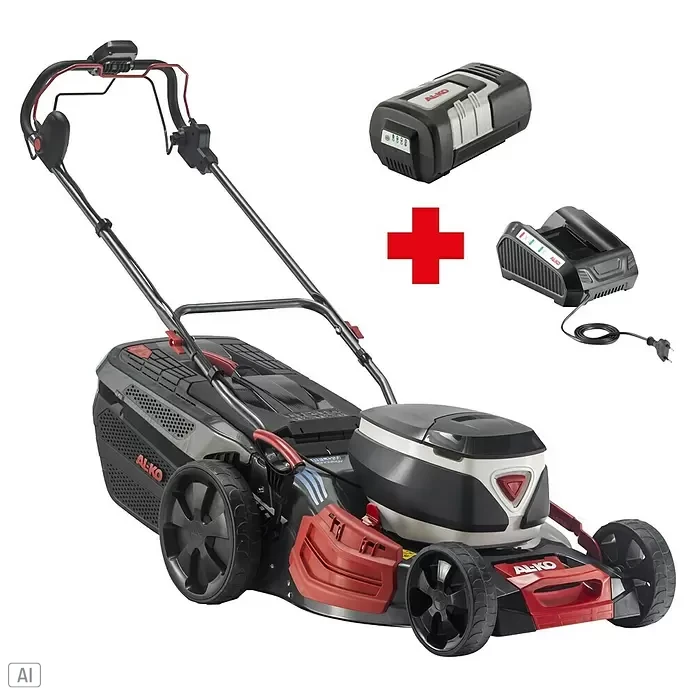 AL-KO Premium Akku-Rasenmäher 512 Li VS-W - 36 V, 1 Akku, 4 Ah, Schnittbreite: 51 cm - AL-KO Akku-Rasenmäher in Schwarz, Rot und Silber, mit Akku und Ladegerät.