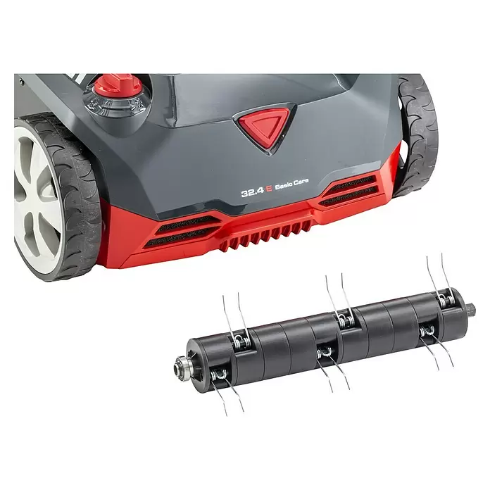 AL-KO Elektro-Vertikutierer 32.4 Basic Care - 1.200 W, Arbeitsbreite: 32 cm - Grauer und roter Rasen-Vertikutierer mit schwarzer Vertikutierwalze und Metallkrallen.