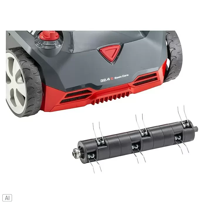 AL-KO Elektro-Vertikutierer 32.4 Basic Care - 1.200 W, Arbeitsbreite: 32 cm - Grauer und roter Rasen-Vertikutierer mit schwarzer Vertikutierwalze und Metallkrallen.