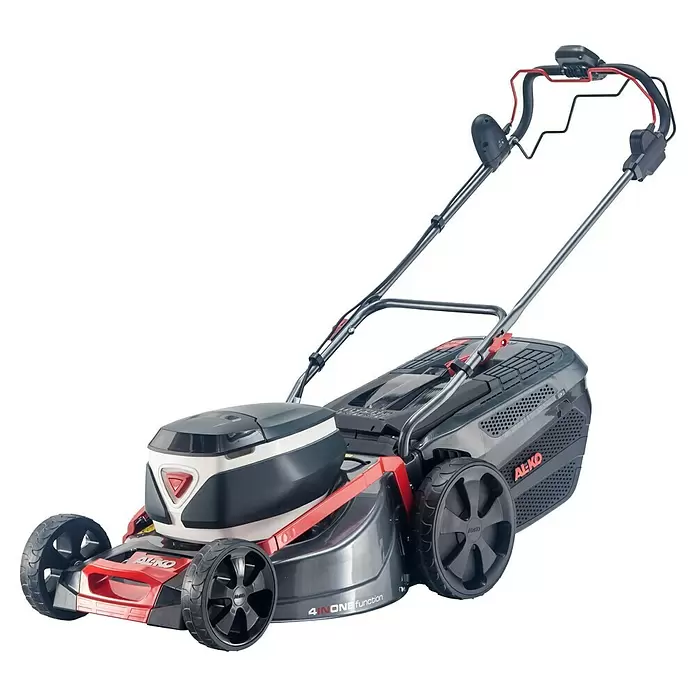 AL-KO Premium Akku-Rasenmäher 512 Li VS-W - 36 V, 1 Akku, 4 Ah, Schnittbreite: 51 cm - AL-KO 4INONE Rasenmäher in Rot, Schwarz und Grau mit robusten Rädern und ergonomischem Griff.