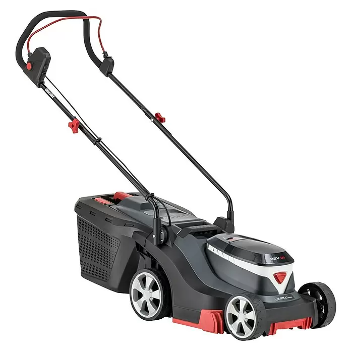 AL-KO Easy Akku-Rasenmäher 3.25 Li - 36 V, 1 Akku, 2,5 Ah, Schnittbreite: 32 cm - Schwarzer und grauer Akku-Rasenmäher mit roten Akzenten, Grasfangkorb und Griff.