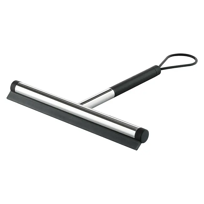 Zack Bad-& Duschabzieher Jaz - Länge: 23 cm, Edelstahl/Schwarz, Glänzend - Dieser Artikel zeigt einen Fensterabzieher mit schwarzem Gummiblatt, einem Metallgriff und einer schwarzen Schlaufe zum Aufhängen.