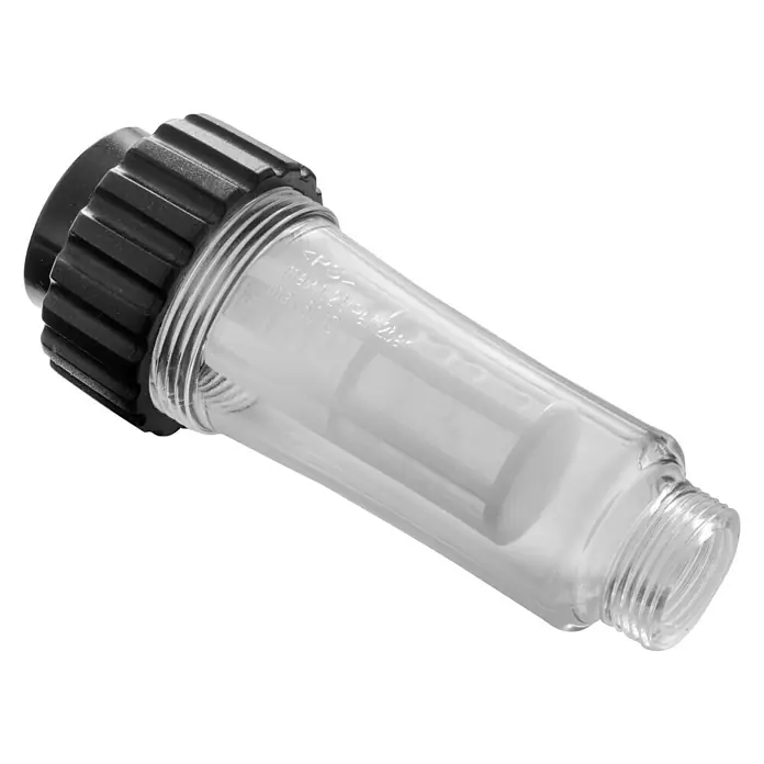 Nilfisk Wassereinlassfilter - Kunststoff - Klares, längliches Wasserfiltergehäuse mit schwarzer Kappe und Gewindeanschluss für zuverlässige Wasserfiltration.