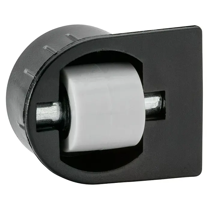 Dörner & Helmer Bohrsenkrolle - Ø x H: 25 x 18 mm, Traglast: 50 kg, Gleitlager, Material Gehäuse: Kunststoff - Nahaufnahme eines schwarzen Möbelrollers mit einer weißen Rolle, ideal für Möbelbewegungen und einfache Handhabung.