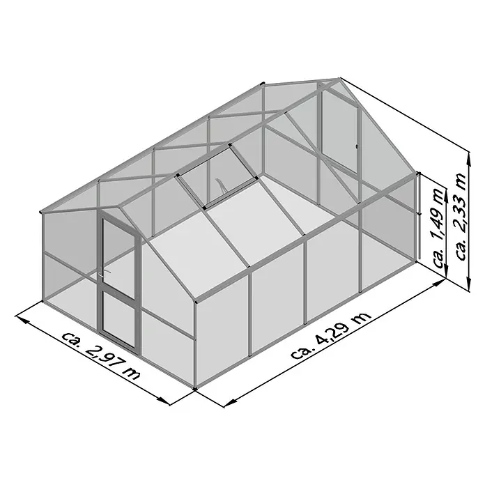 KGT Gewächshaus Orchidee IV - Außenmaß inkl. Dachüberstand (B x T): 297 x 429 cm, 10 mm, Pressblank - Abbildung eines Gewächshauses mit Maßangaben. Das Gewächshaus hat eine Tür und ein Fenster und ist aus Aluminium und Glas gefertigt.