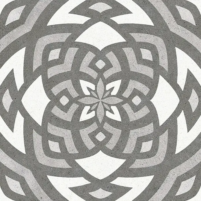 Feinsteinzeugfliese Vintage Mix - 25 x 25 cm, Weiß/Grau, Matt - Graue Bodenfliese mit komplexem geometrischem Muster, ideal für moderne Innenräume, bietet Eleganz und Stil mit ihrer einzigartigen Textur.