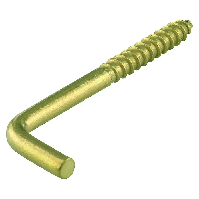 Suki SchraubhakenØ x L: 3 x 40 mm, 7 Stk., Holzgewinde, Messing, Gerade - Nahaufnahme eines goldfarbenen Schraubhaken, der sich ideal zum Aufhängen leichter Gegenstände eignet. Seine solide Konstruktion sorgt für einen sicheren Halt.