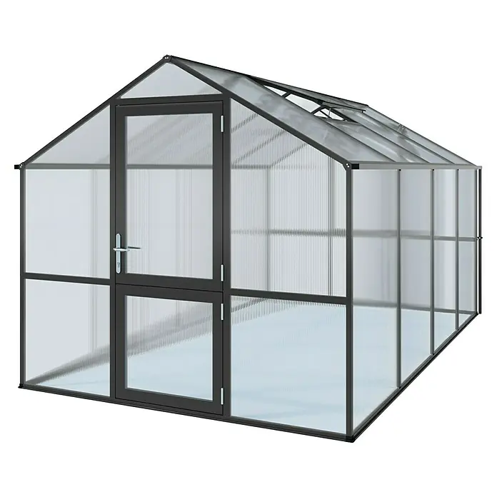 KGT Gewächshaus Rose IV - Außenmaß inkl. Dachüberstand (B x T): 233 x 429 cm, 10 mm, Anthrazitgrau - Detailansicht eines Gewächshauses mit Tür und Dachfenster, ideal für den Garten.