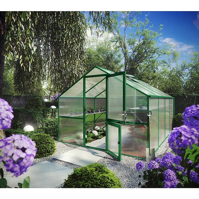 KGT Gewächshaus Orchidee IV - Außenmaß inkl. Dachüberstand (B x T): 297 x 429 cm, 10 mm, Moosgrün - Ein grünes Gewächshaus mit geöffneter Tür inmitten eines blühenden Gartens. Ideal für Hobbygärtner und Pflanzenliebhaber.