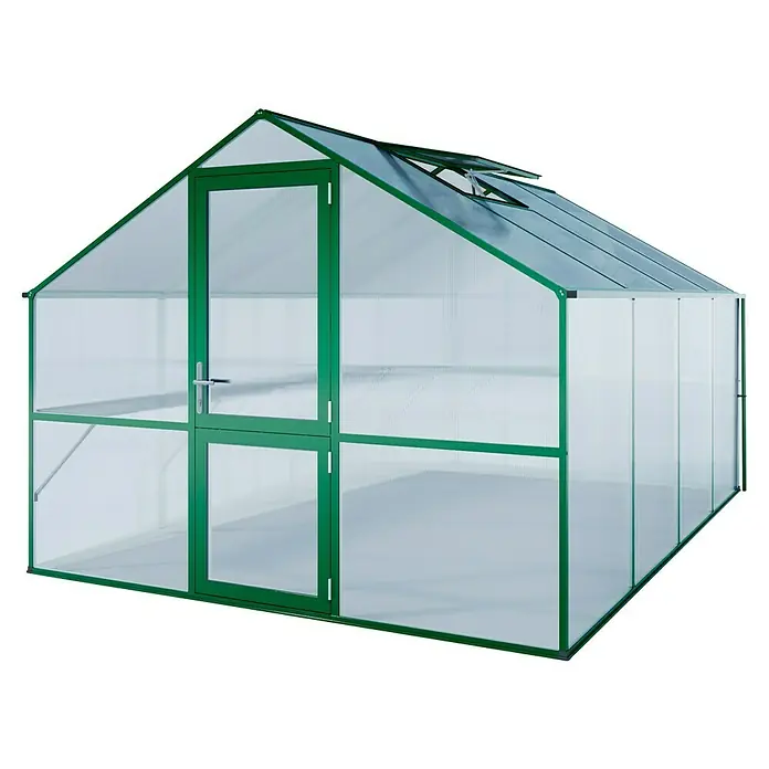 KGT Gewächshaus Orchidee IV - Außenmaß inkl. Dachüberstand (B x T): 297 x 429 cm, 10 mm, Moosgrün - Abbildung eines Gewächshauses mit grünem Rahmen und transparenter Verkleidung. Ideal für Gartenarbeit und Pflanzenzucht.