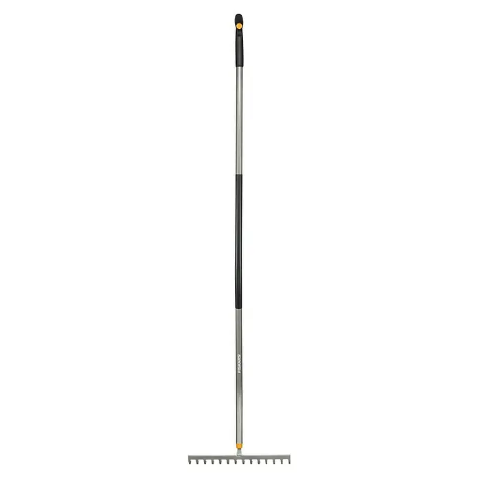 Fiskars Ergonomic Gartenrechen - Material Gerätekopf: Borstahl, 1 Stk. - Ein detailreiches Bild eines Fiskars-Rechen mit Teleskopstiel, ideal für Gartenarbeiten. Das Gerät zeigt hohe Qualität und Funktionalität.