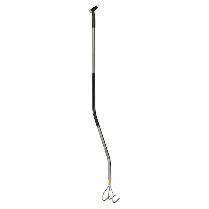 Fiskars Ergonomic Grubber - Material Gerätekopf: Borstahl, Anzahl Zinken: 3, 1 Stk. - Das Bild zeigt einen Unkrautstecher mit langem Griff, ideal für die Gartenarbeit. Ergonomisches Design für komfortables Arbeiten ohne Bücken.