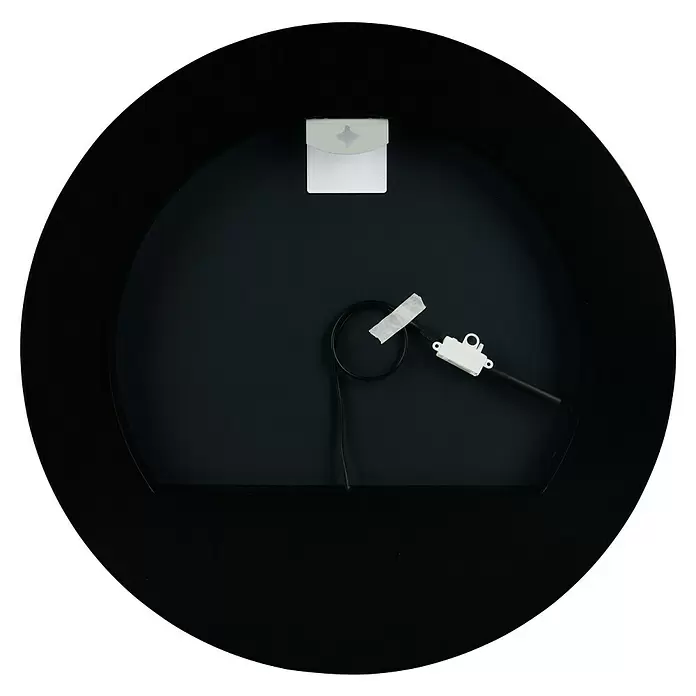 LED-Lichtspiegel Glimmer - 60 x 60 cm, Rund - Rückansicht einer runden schwarzen Platte mit weißer Aufhängevorrichtung, schwarzem Stromkabel und weißem Stecker auf der Oberfläche befestigt.
