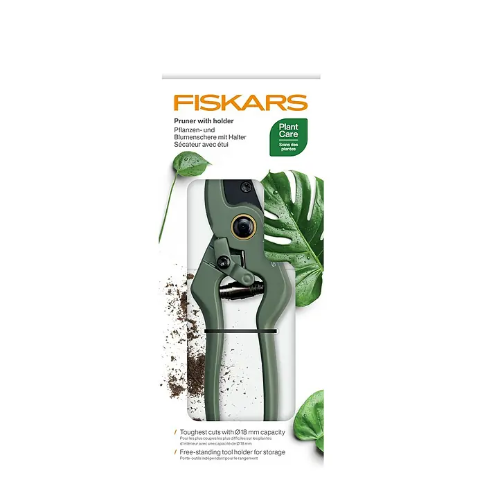 Fiskars Schere - Elegante, freistehende Werkzeughalterung zur praktischen Aufbewahrung, Max. Aststärke: 18 mm - Verpackung einer Fiskars Gartenschere mit Halterung für Pflanzenpflege. Ideal für präzise Schnitte und ordentliche Aufbewahrung.