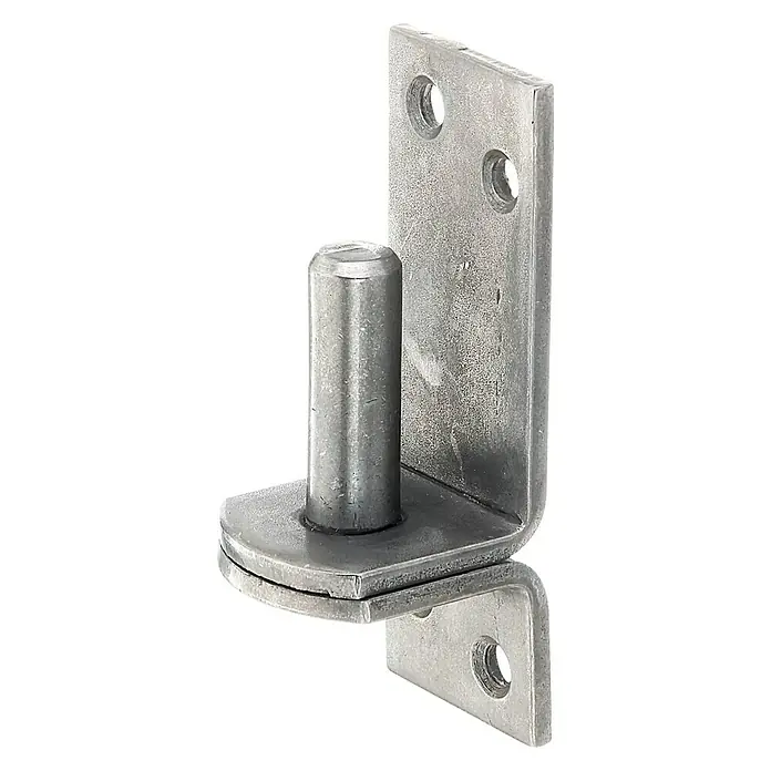 Stabilit Gozne atornillable - Diámetro mandril: 13 mm, Distancia desde mandril hasta placa: 10 mm, L x An: 100 x 35 mm, Acero inoxidable - Primer plano de una bisagra metálica para portones, de diseño robusto y duradero para diversas aplicaciones de portones.