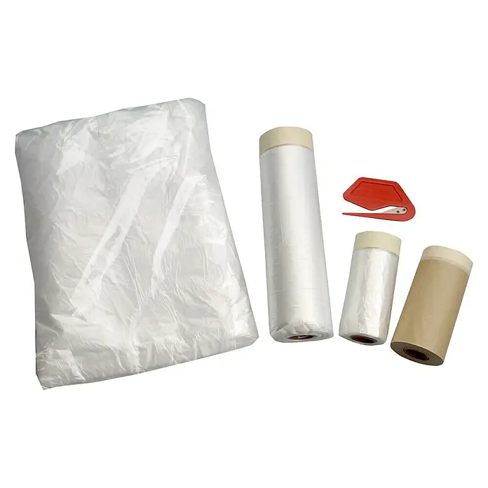 Abdeck-Set - Gesamtumfang: 5 -tlg. - Das Bild zeigt eine Abdeckplane, zwei Rollen Abdeckfolie, eine Rolle Malerkrepp und ein Cuttermesser für Malerarbeiten.