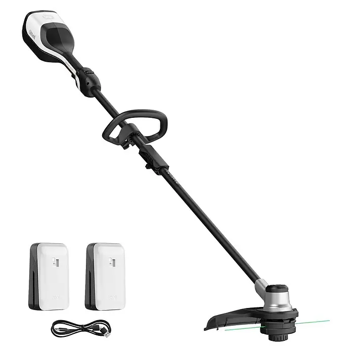 Litheli U20 Akku-Rasentrimmer - 2 Ah, Li-Ionen, 2 Akkus, Schnittbreite Faden: 35 cm - Weiß-schwarzer Akku-Rasentrimmer mit silbernem Kopf, zwei weißen Akkus und einem schwarzen Ladekabel.