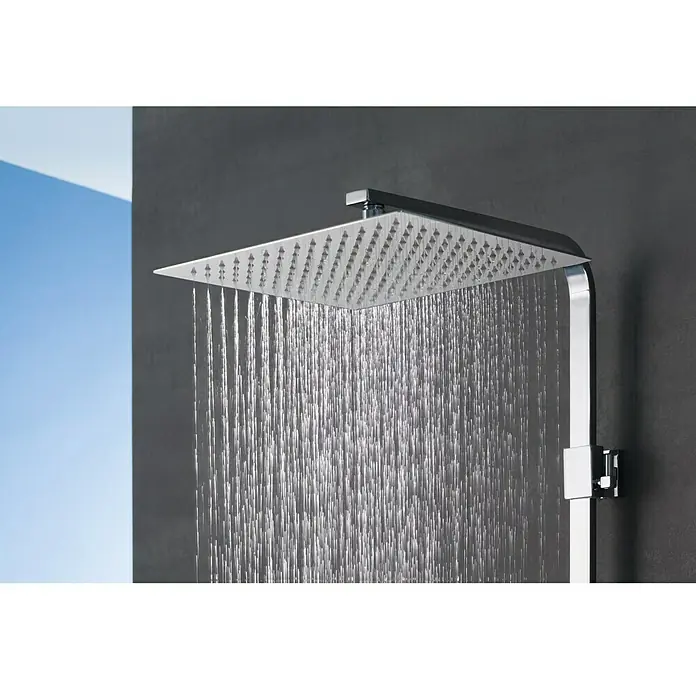 Camargue Sistema de ducha Grande Vita - Con grifo termostático, Número de tipos de chorro: 3 ud., Cromo/Blanco - Cabezal de ducha cuadrado con acabado cromado que ofrece un suave chorro de agua para una ducha relajante. Accesorio de baño moderno.