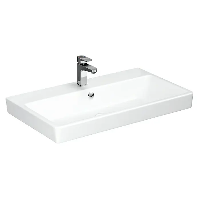 Camargue New York Waschtisch - 82 x 46,5 cm, Ohne Spezialglasur, Hahnloch: Mitte, Mit Überlauf, Weiß - Rechteckiges Waschbecken mit modernem Wasserhahn. Schlichtes Design für jedes Badezimmer.