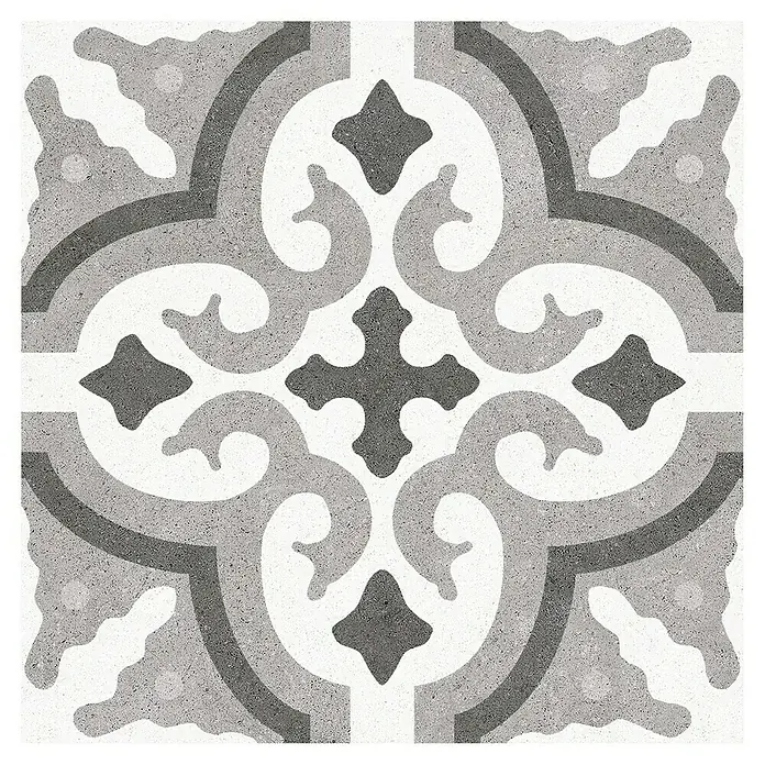 Feinsteinzeugfliese Vintage Mix - 25 x 25 cm, Weiß/Grau, Matt - Elegante monochrome Fliese mit floralem Dekor. Das Fliesenmuster ist in verschiedenen Grautönen gehalten und erzeugt ein stilvolles Ambiente.