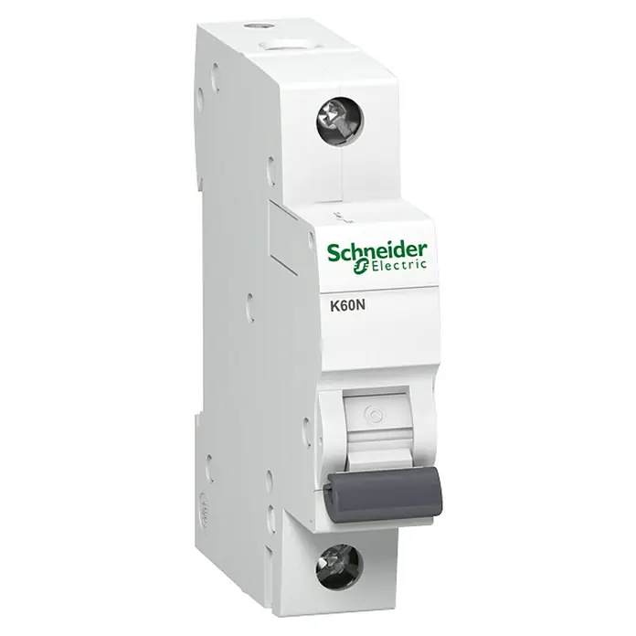 Schneider Electric Leitungsschutzschalter K60N - Auslösecharakteristik: B, 20 A, Bemessungsfehlerstrom: 6 kA, Polanzahl: 1 Stk. - Ein weißer Schneider Electric K60N Leitungsschutzschalter, der für elektrische Sicherheit sorgt und zuverlässigen Schutz vor Überlastung bietet.