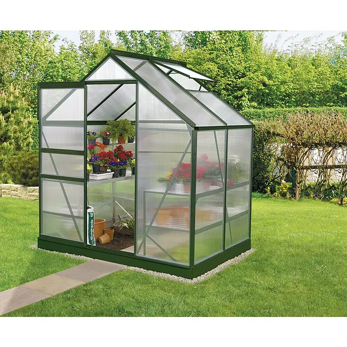 Vitavia Gewächshaus Venus 2500 Plus - Außenmaß inkl. Dachüberstand (B x T): 195 x 131 cm, 6 mm, Smaragd - Ein Gewächshaus mit geöffneter Tür und Pflanzenregalen im Inneren, umgeben von einem Rasen und Bäumen. Das Gewächshaus bietet Platz und Schutz für Pflanzen.