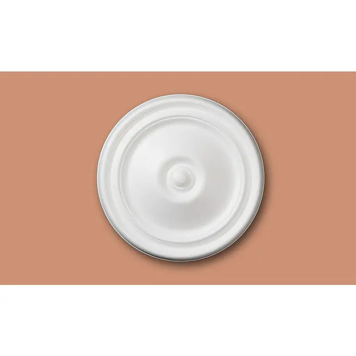 Nmc Decoflair Rosette B12 - Durchmesser: 30 cm, Expandiertes Polystyrol (EPS), Weiß - Nahaufnahme einer weißen, runden Deckenrosette mit einem erhabenen Mittelpunkt auf einem pastellfarbenen Hintergrund.