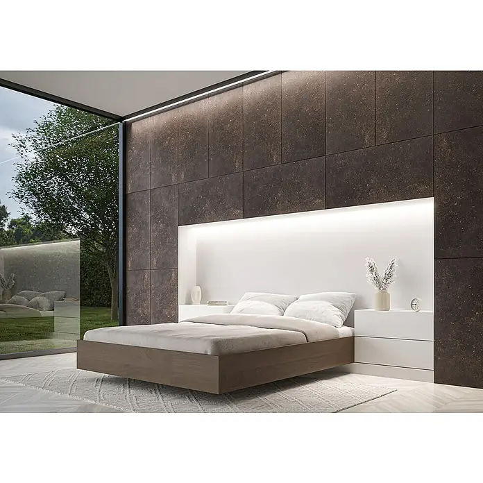 Nmc Decoflair Wandpaneel - Iron, 100 x 50 cm, Kunststoff - Schlafzimmer mit modernem Design. Das schwebende Bett und die beleuchtete Rückwand verleihen dem Raum eine elegante Note.