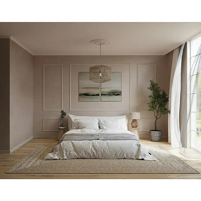 Nmc Decoflair Rosette M72 - Durchmesser: 30 cm, Hochverdichteter Polyurethanschaum (PU), Weiß - Schlafzimmer mit Doppelbett, großem Teppich, dekorativer Lampe und viel Tageslicht für eine ruhige und entspannende Atmosphäre.