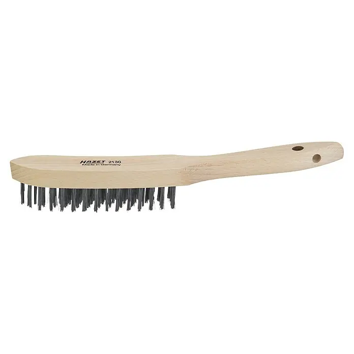 Hazet Drahtbürste 2130 - Anzahl Reihen: 4 Stk. - Eine Drahtbürste mit Holzgriff der Marke Hazet, ideal zum Reinigen von Metalloberflächen, mit dem Schriftzug Hazet 2130 Made in Germany.