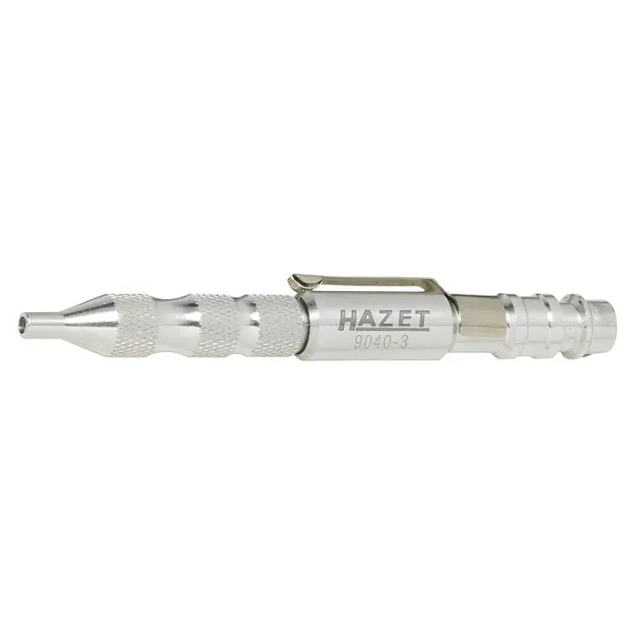Hazet Ausblasstift 9040-3 - Betriebsdruck: 6 bar, Durchflussmenge: 360 l/min - Der Hazet 9040-3 Automatischer Körner ist ein Werkzeug zum Körnen von Werkstücken, um das Anbohren zu erleichtern. Aus Metall gefertigt.