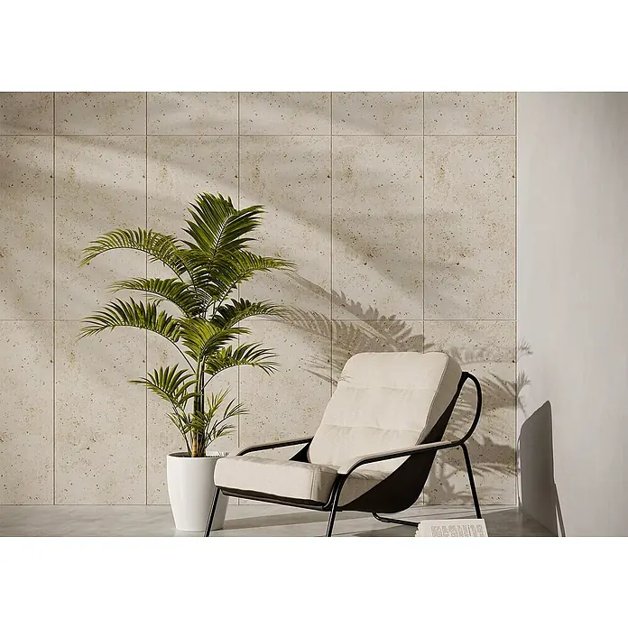 Nmc Decoflair Wandpaneel - Stone, Rosa, 100 x 50 cm, Kunststoff - Stilvolles Interieur mit bequemen Sessel in ruhiger Umgebung, mit einer dekorativen Zimmerpflanze. Das Design strahlt eine entspannte Atmosphäre aus.