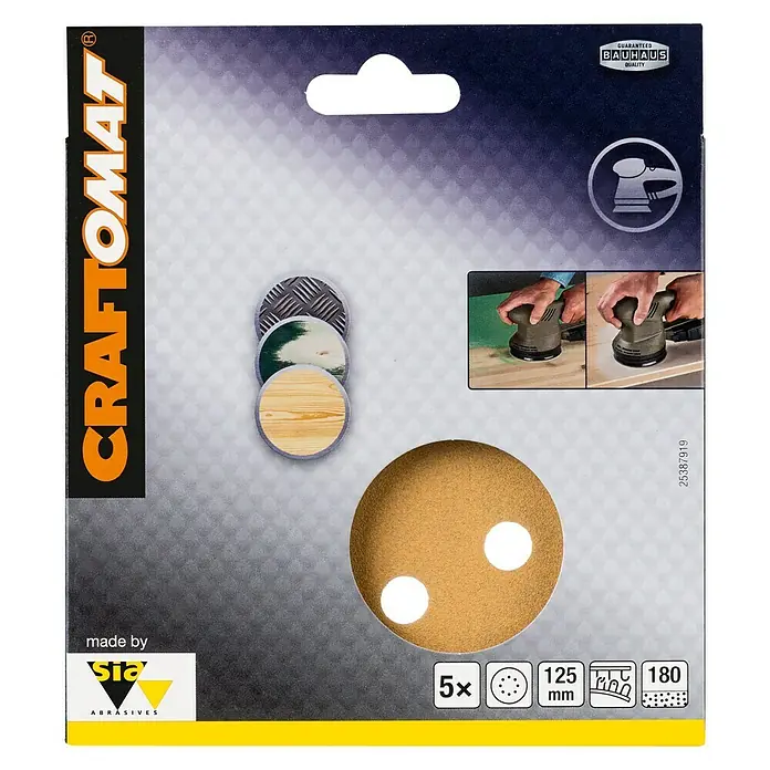Craftomat Hoja de lija BFWP - Diámetro: 125 mm, Grano: 40, Perforado - Imagen de un juego de papel de lija Craftomat, ideal para tareas de lijado versátiles con un diámetro de 125 mm y un grano de 180.