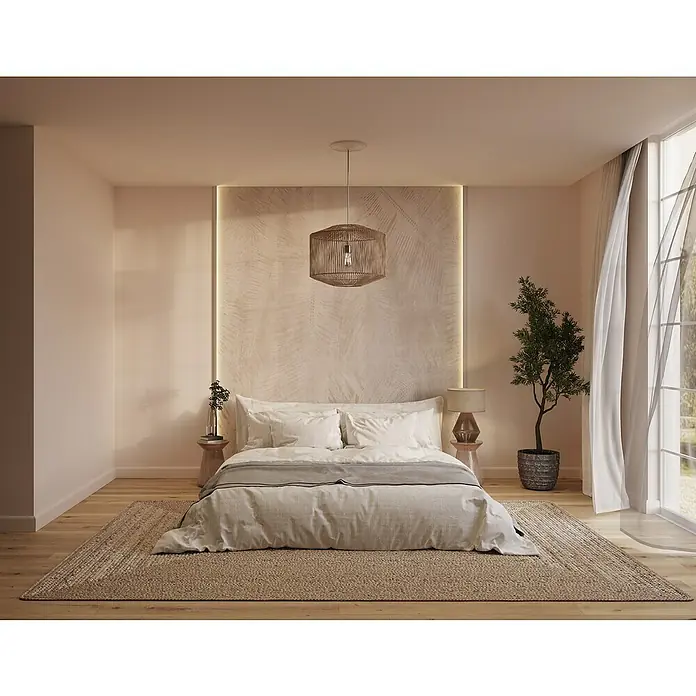 Nmc Decoflair Rosette M71 - Durchmesser: 300 mm, Polyurethan, Weiß - Schlafzimmer mit einem Bett mit weißer Bettwäsche, einem Nachttisch und einer Hängelampe. Der große Teppich vervollständigt den Look.