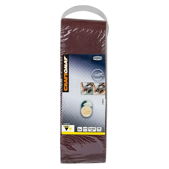 Craftomat Lija de banda - L x An: 533 x 75 mm, Grano: 120, 3 ud. - Paquete de bandas de lija Craftomat para lijadoras de banda, grano 120, dimensiones 75x533 mm, ideal para lijar superficies de madera.