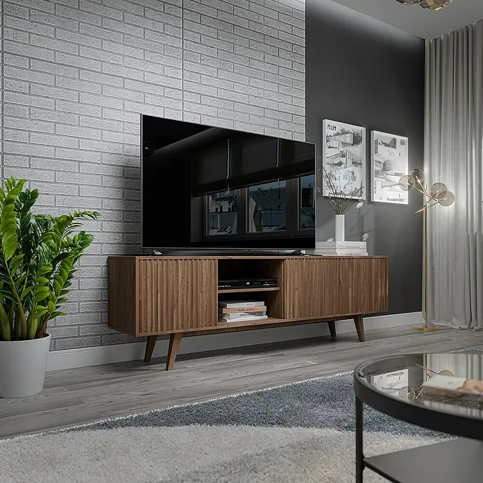 Nmc Decoflair Wandpaneel - Stone Wall Silver, 100 x 50 cm, Kunststoff - Ein modernes Wohnzimmer mit einem braunen TV-Schrank aus Holz, der ein schlankes Design und viel Stauraum bietet.