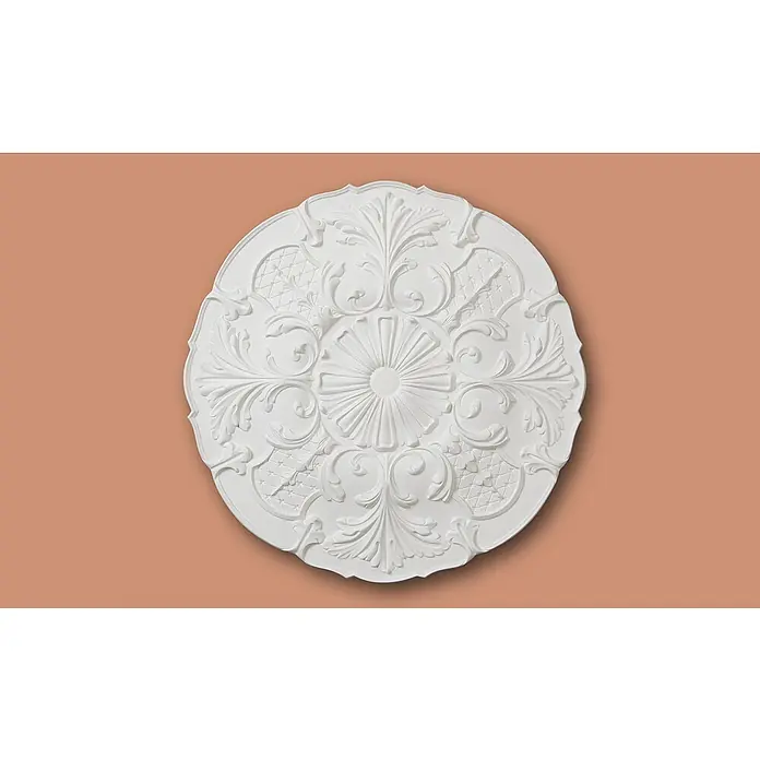 Nmc Decoflair Rosette M80 - Durchmesser: 600 mm, Polyurethan, Weiß - Nahaufnahme einer runden, weißen Deckenrosette mit floralen und geometrischen Mustern, die Eleganz und klassisches Design vereint.