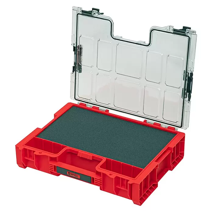 Qbrick System Kleinteilekoffer Pro Organizer 300 MFI - L x B x H: 45 x 35,8 x 11 cm, Anzahl Fächer: 3 Stk., Traglast: 25 kg - Offene rote Werkzeugbox mit transparentem Deckel und dunkelgrauer Schaumstoffeinlage zur organisierten Aufbewahrung.