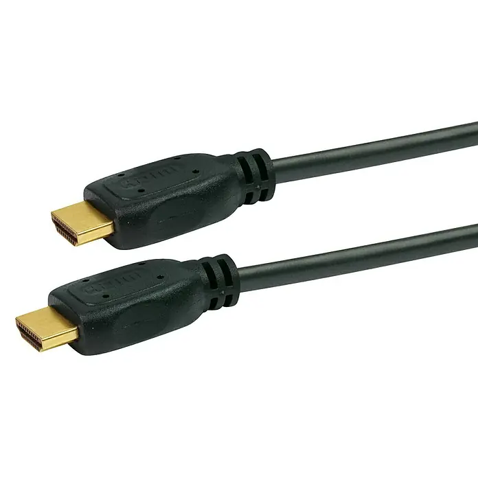 Schwaiger HDMI-Kabel - 5 m, Schwarz, 18 Gbit/s - Zwei schwarze HDMI-Kabel mit goldfarbenen Steckern auf einem weißen Hintergrund.