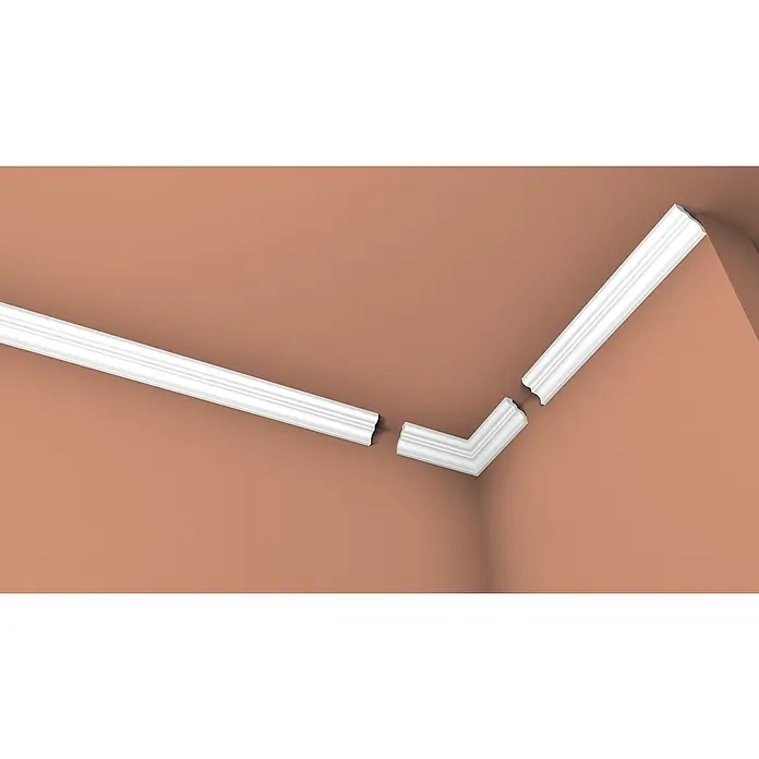 Nmc Decoflair Zubehör-Set Ecken für Deckenleiste D13 - Weiß, 2 Stk. - Bild zeigt eine weiße Zierleiste, die an einer Wand angebracht ist und ein elegantes Design aufweist.