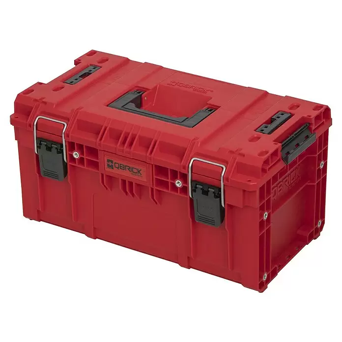 Qbrick System Werkzeugkasten Prime 250 Vario - L x B x H: 53,5 x 32,7 x 27,1 cm, Traglast: 50 kg, Polypropylen - Robuste rote modulare Kunststoff-Aufbewahrungsbox mit schwarzen Verschlüssen und zentralem Griff, mit QBRICK SYSTEM Logo.